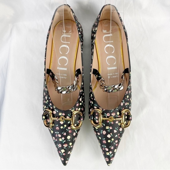 Gucci x Liberty Floral Pointed Toe Horse Bit Chain Mary Jane Flats Black Size 40 - Picture 2 of 11